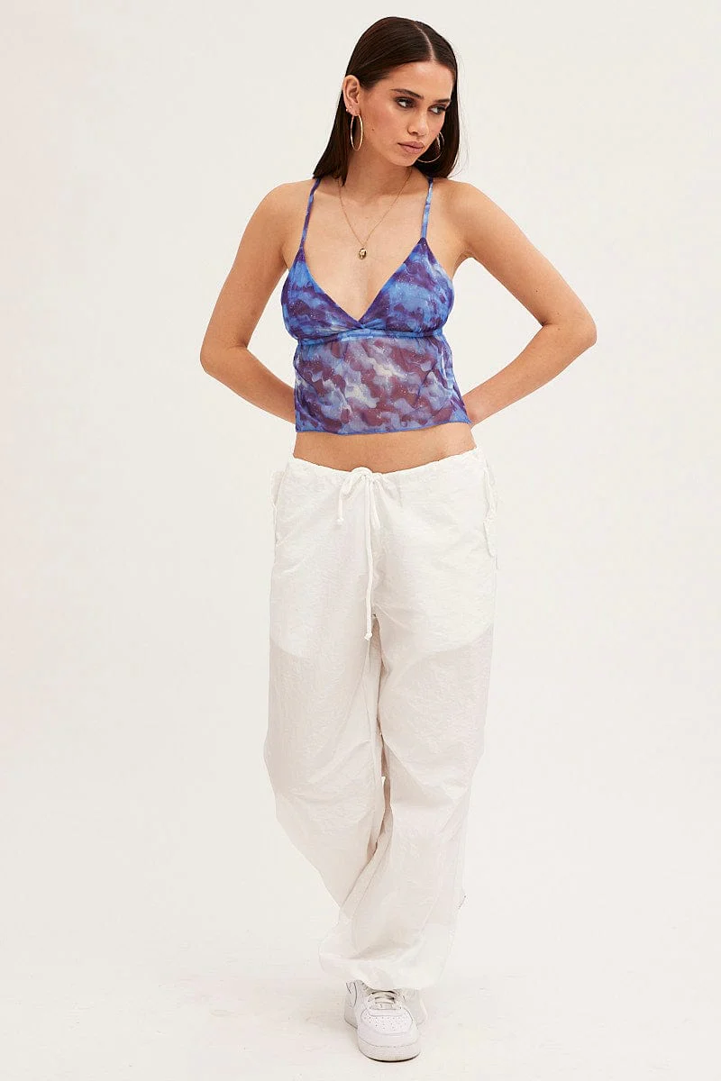 Blue Abstract Crop Top Backless Mesh
