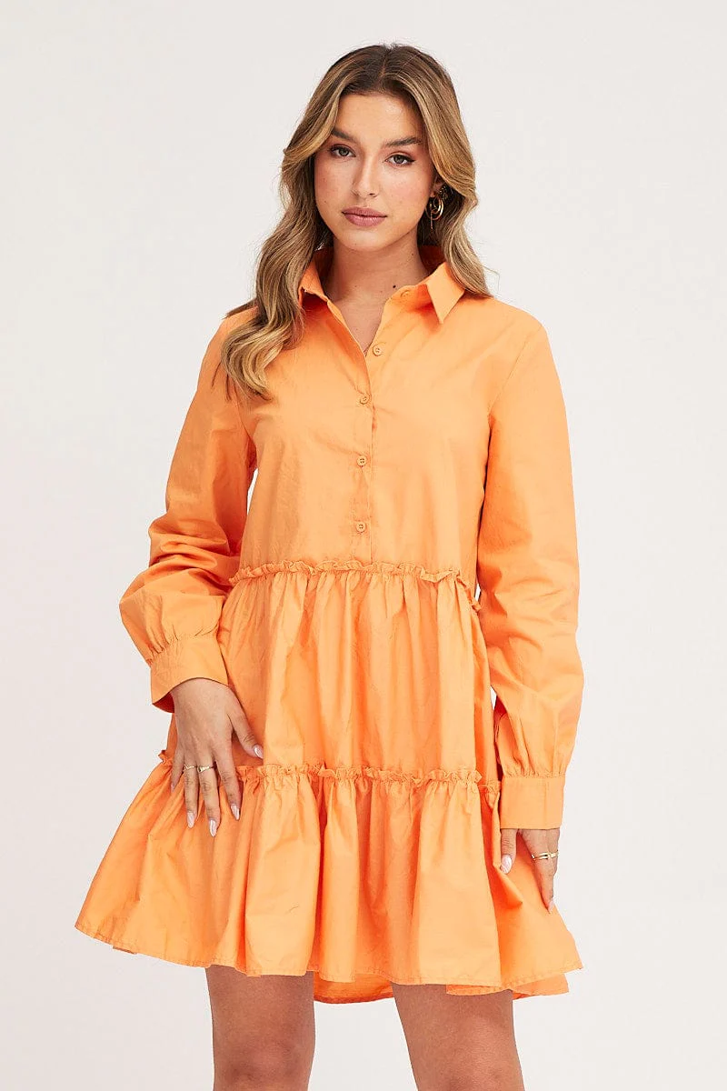 Orange Shirt Dress Long Sleeve Mini