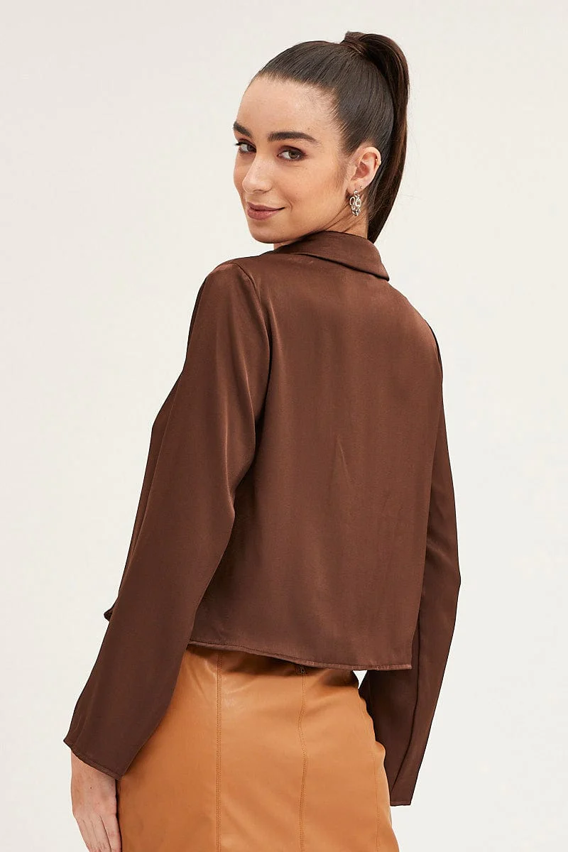 Brown Satin Long Sleeve Collared Chain-Link Front Jacket