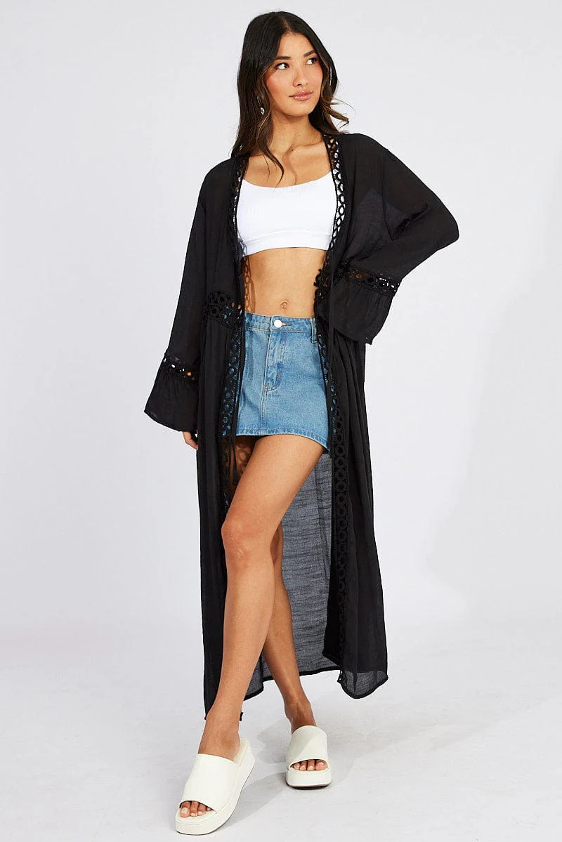 Black Tie Front Kimono Long Sleeve Longline