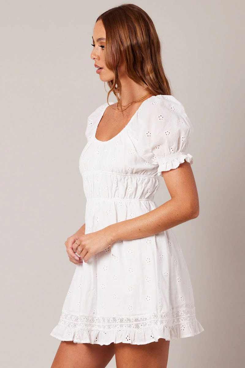 White Fit And Flare Dress Puff Sleeve