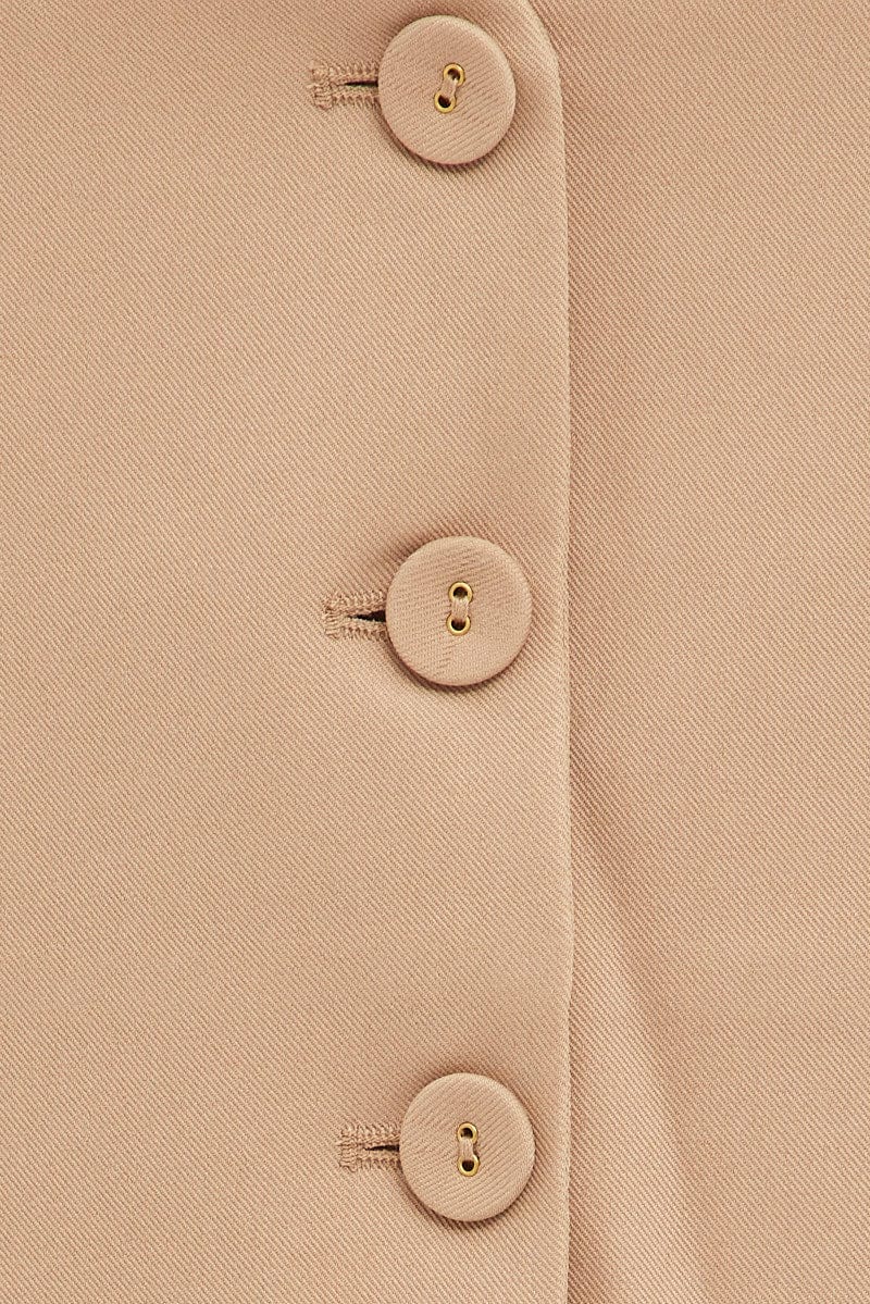 Beige Top Waistcoat Sleeveless V Neck Button Up Relaxed