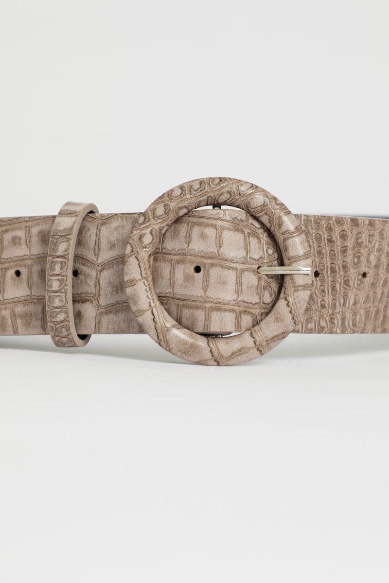 Grey Faux Croc Leather Round Buckle Belt