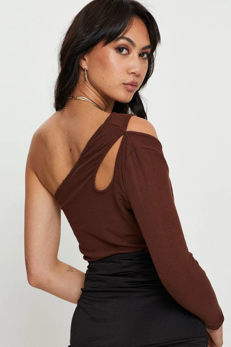 Brown Cut Out Top Long Sleeve