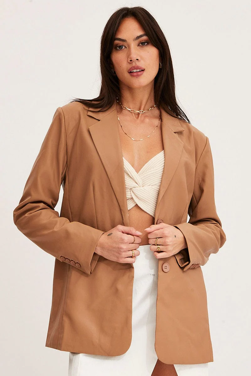 Beige Faux Leather Jacket Long Sleeve