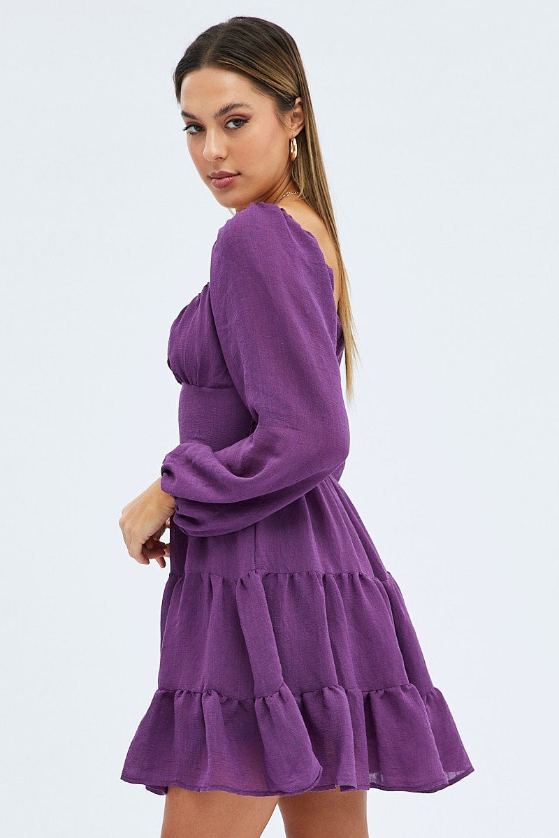 Purple Fit and Flare Dress Long Sleeve Tiered