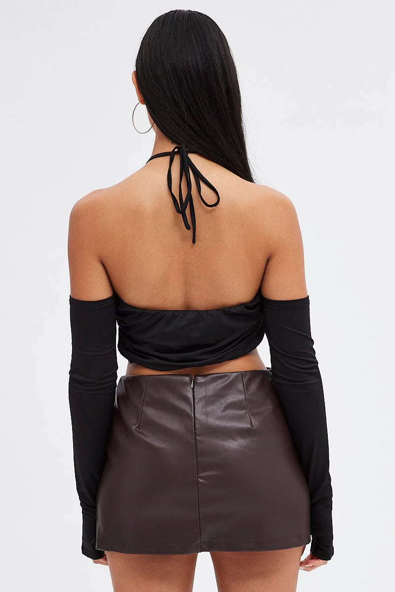 Black Halter Top Long Sleeve Crop Top