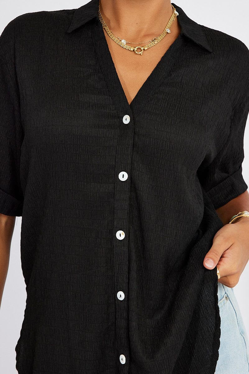 Black Textured Shirt Short Sleeve