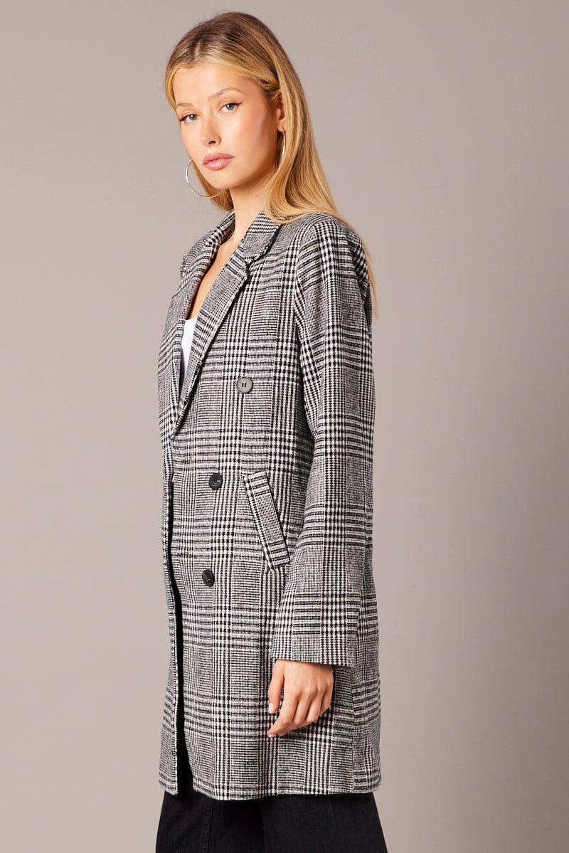 Black Check Coat Longline Collared Long Sleeve