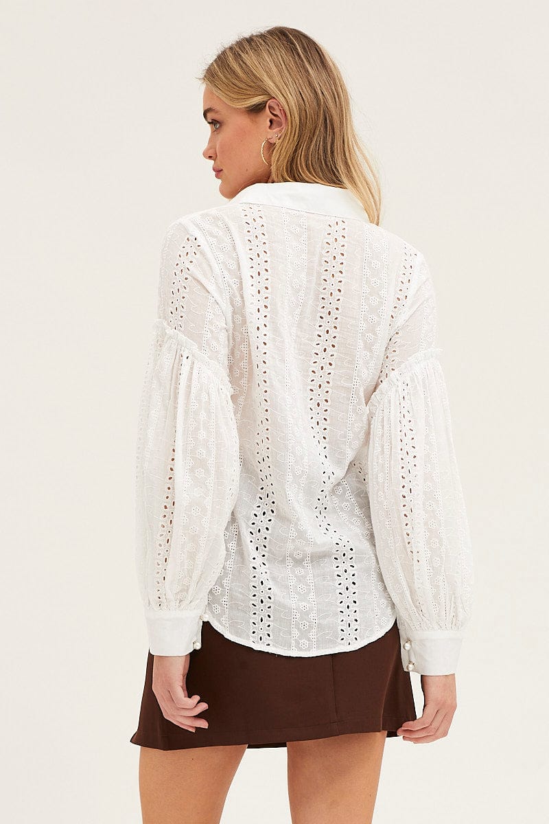 White Balloon Sleeve Eyelet Shirt