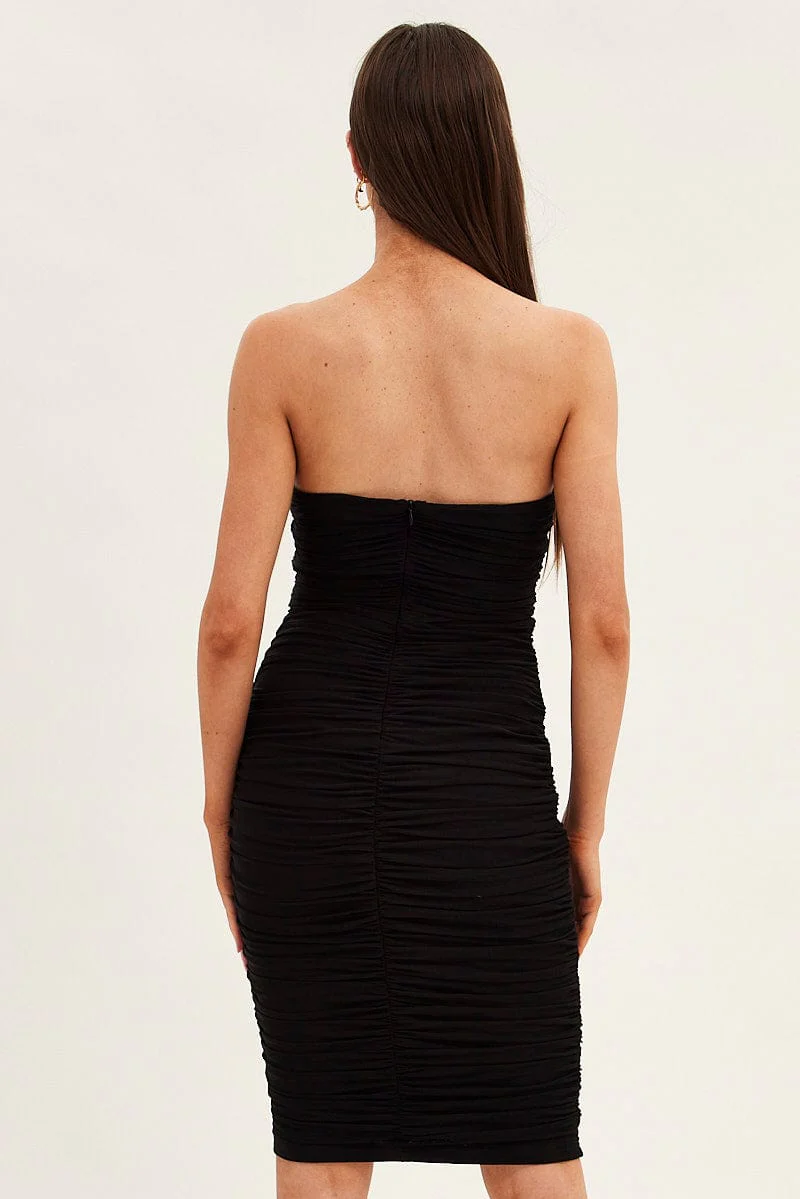 Black Midi Dress Bodycon Ruched Mesh