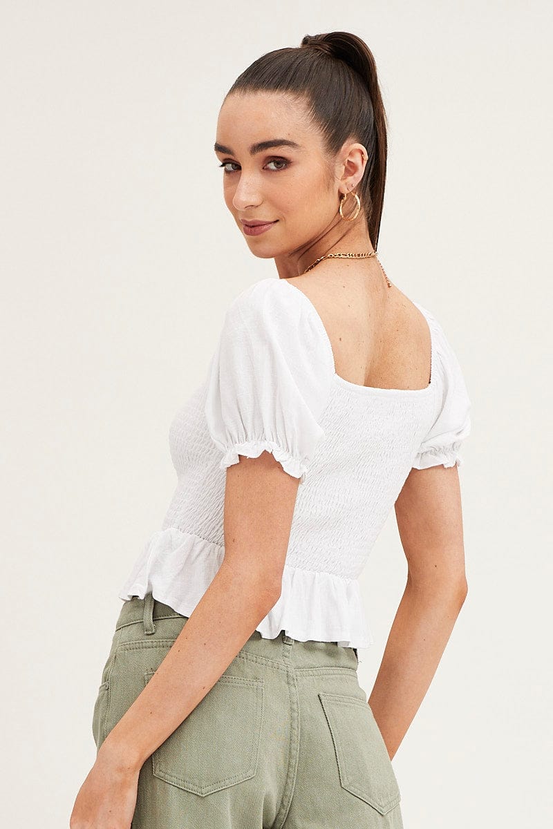White Puff Sleeve Shirred Top