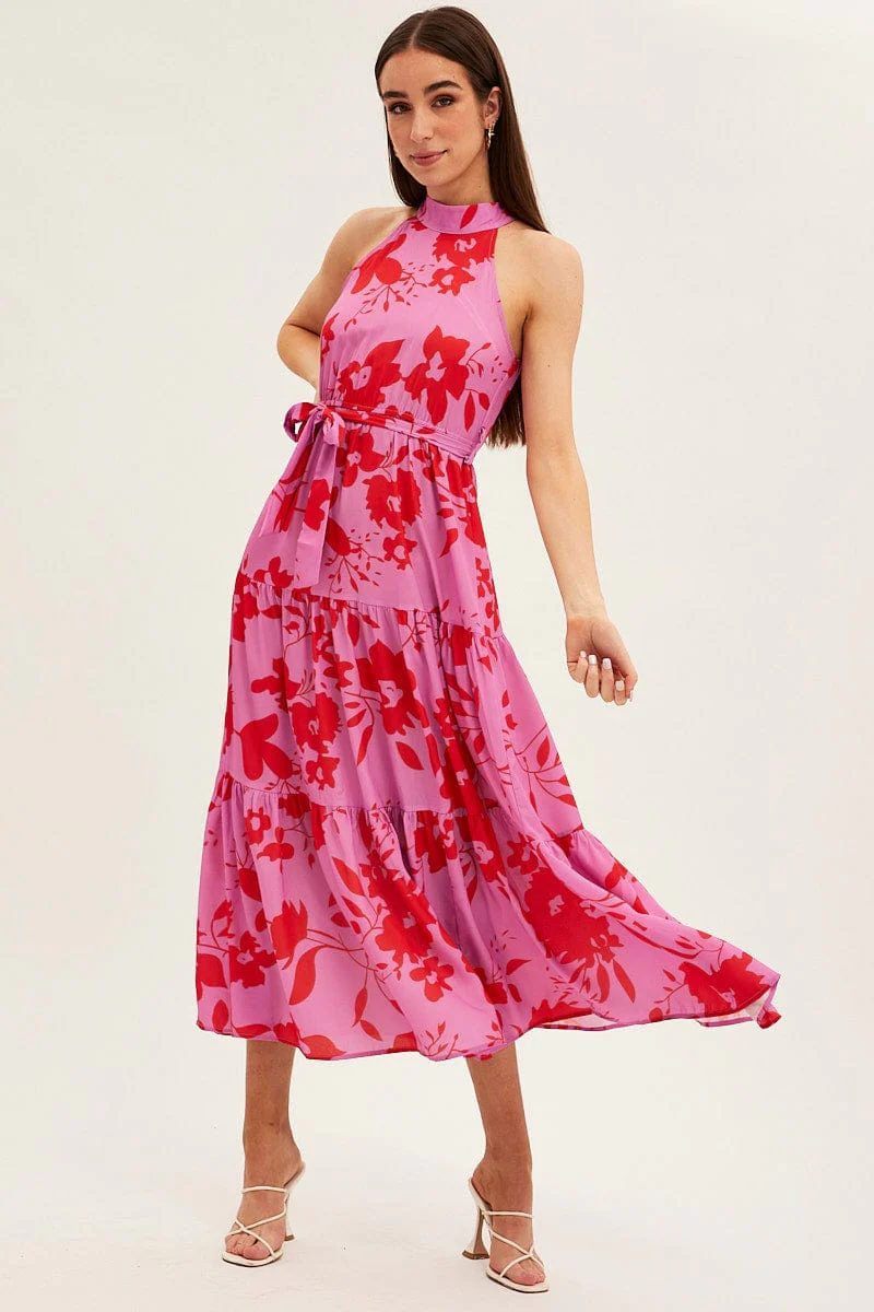 Pink Floral Halter Neck Floral Maxi Dress