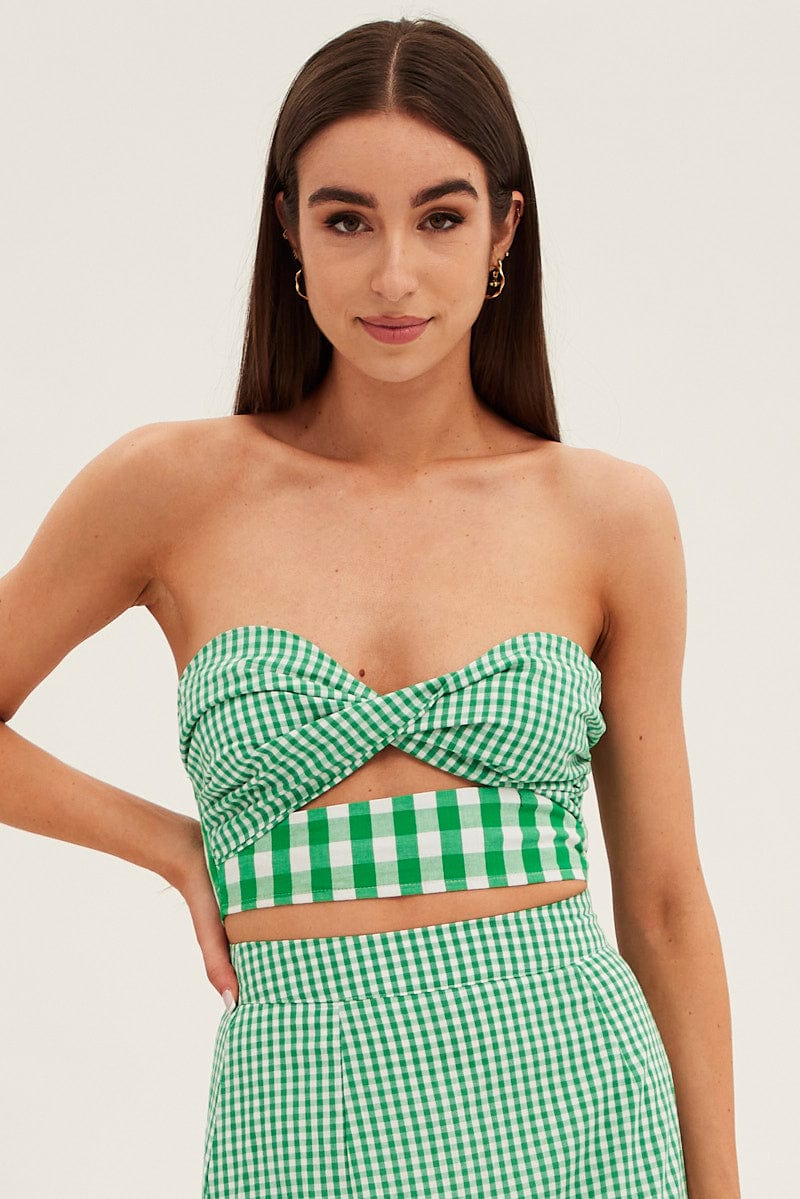 Green Check Bandeau Twist Front Sleeveless Crop