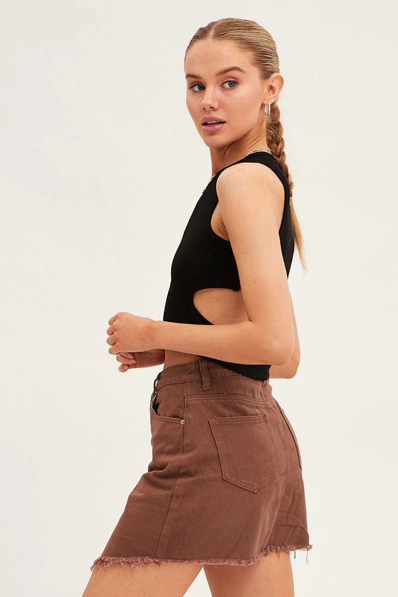 Brown Denim Skirt Mini Asymmetric Hem