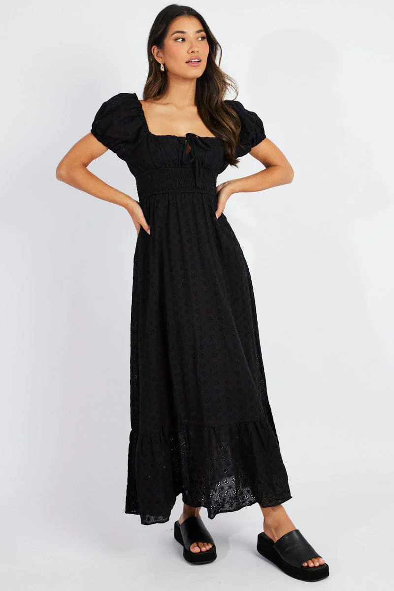 Black Maxi Dress Puff Sleeve Eyelet
