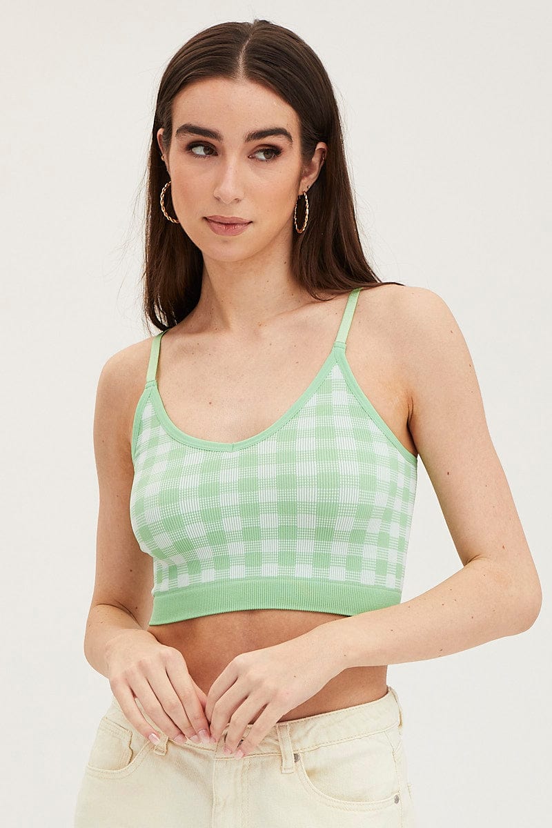 Green Check Singlet Crop Top Seamless