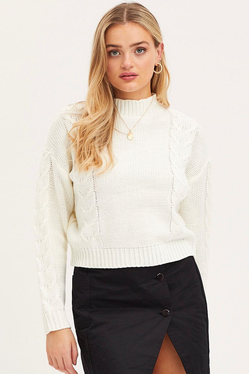 White Knit Top Long Sleeve Crop Turtleneck