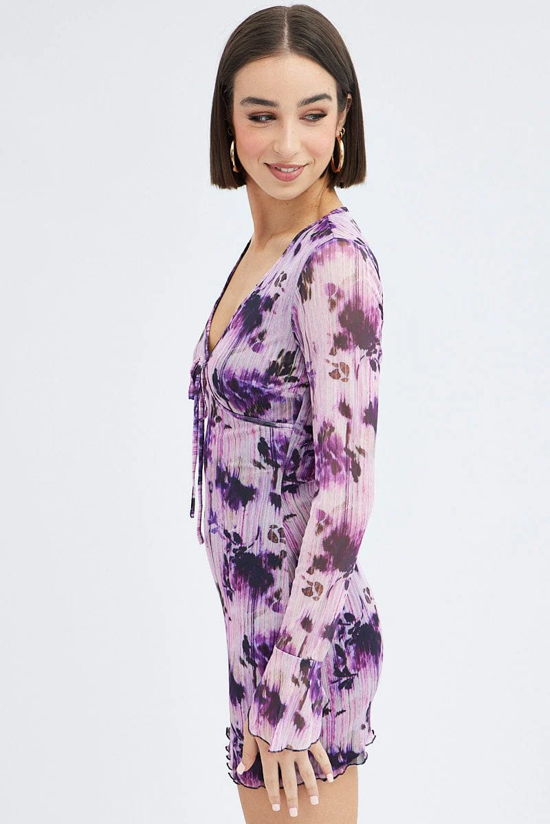 Purple Floral Mesh Dress Long Sleeve Mini