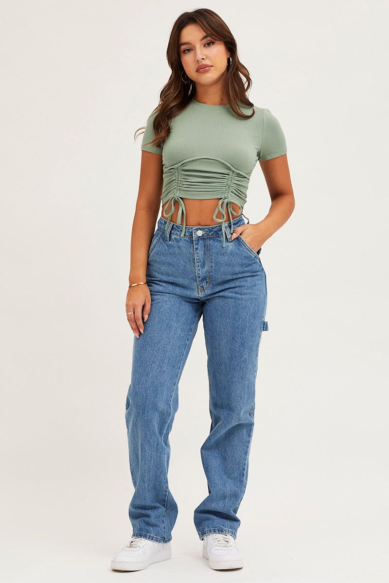 Green Bust Detail Top Short Sleeve Ruche