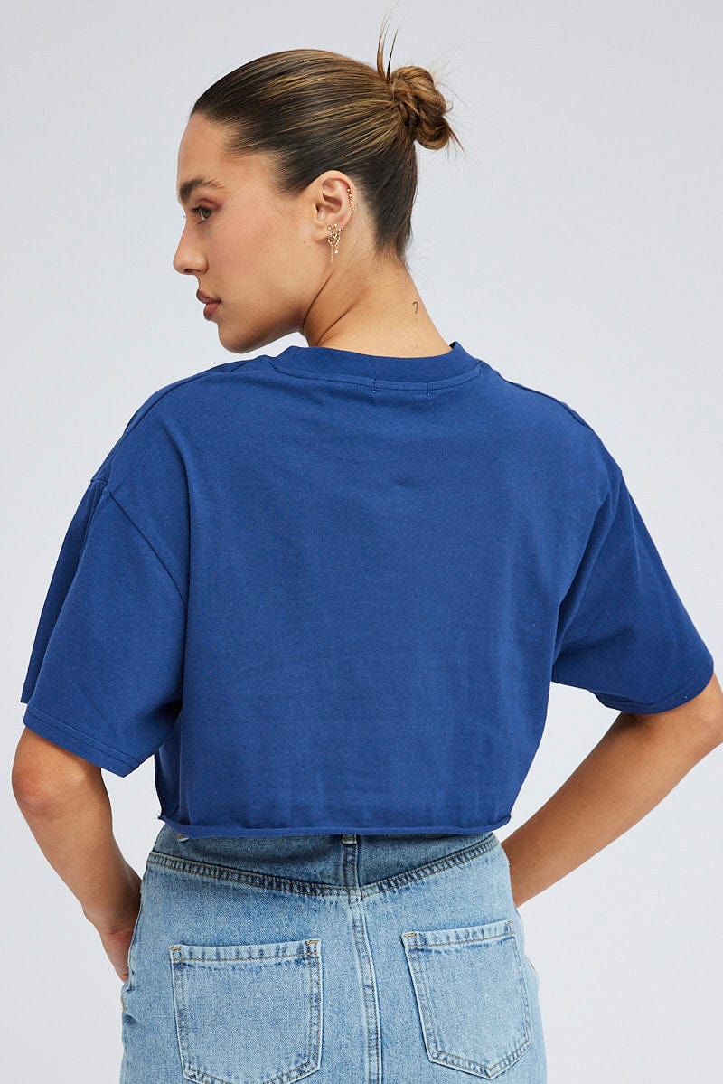 Blue Crop T Shirt Short Sleeve Crew Neck New York