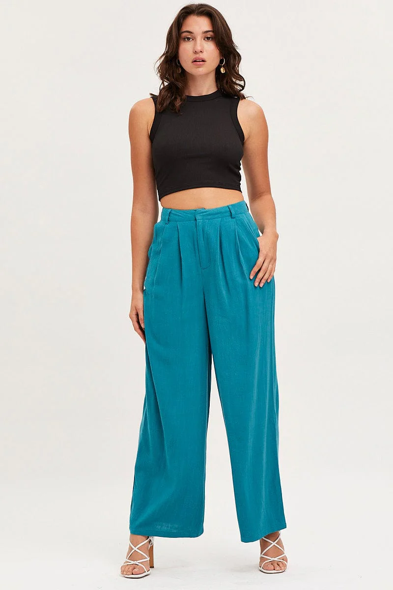 Blue Wide Leg Pants High Rise