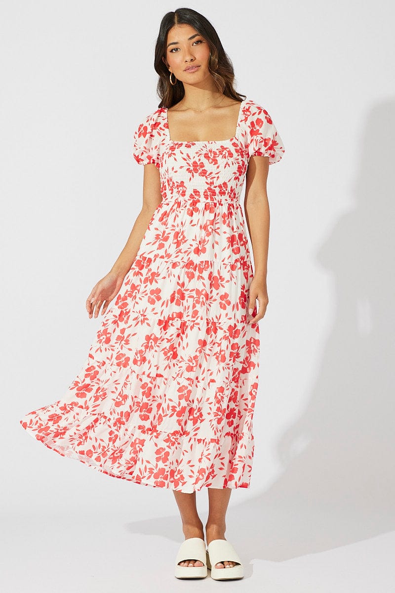 Red Floral Maxi Dress Short Sleeve Shirred Tiered