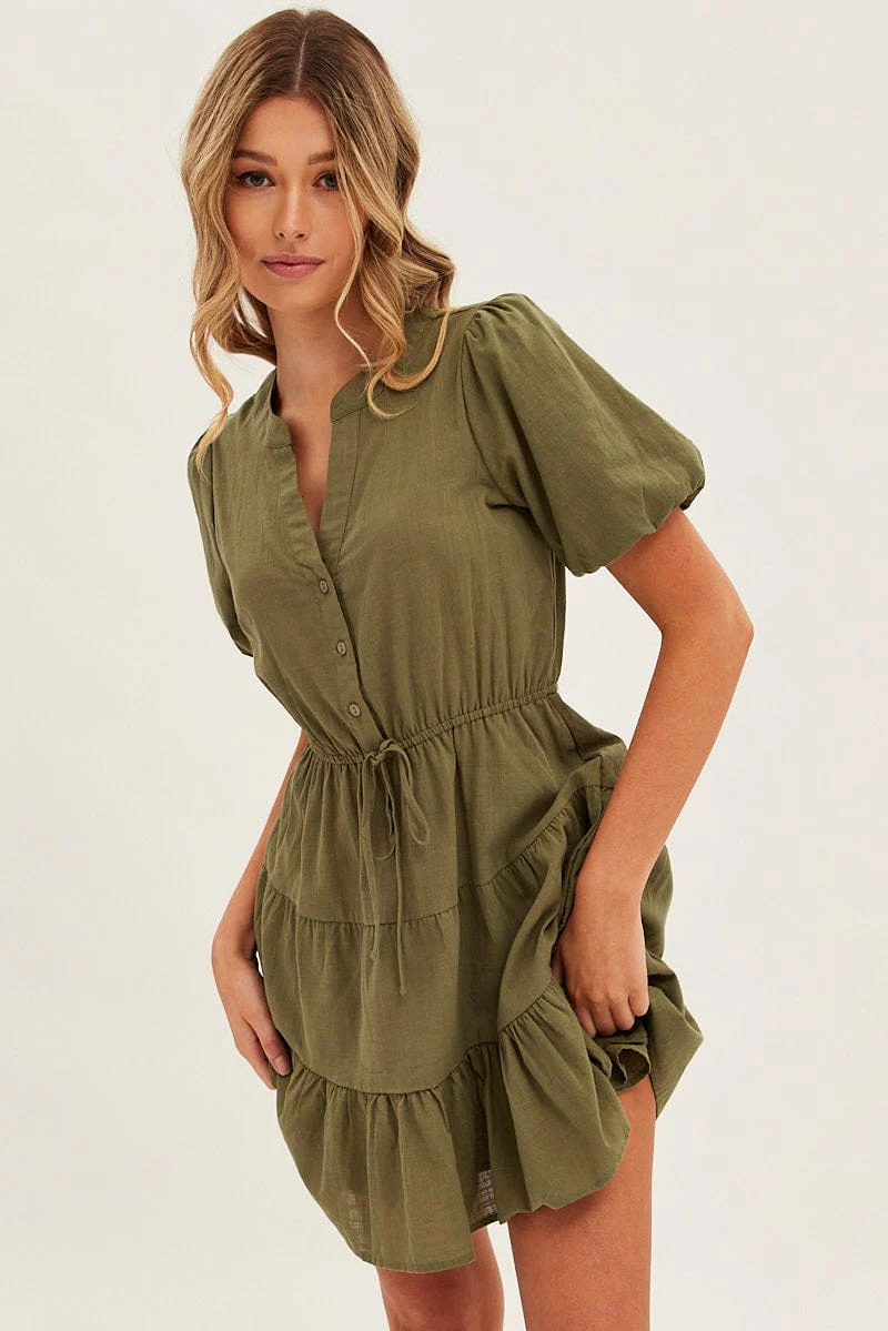Green Shirt Dress Short Sleeve V-Neck Tiered