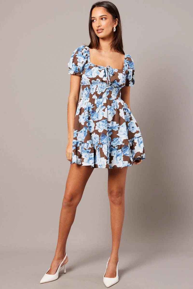Multi Floral Fit And Flare Dress Puff Sleeve Mini Floral print