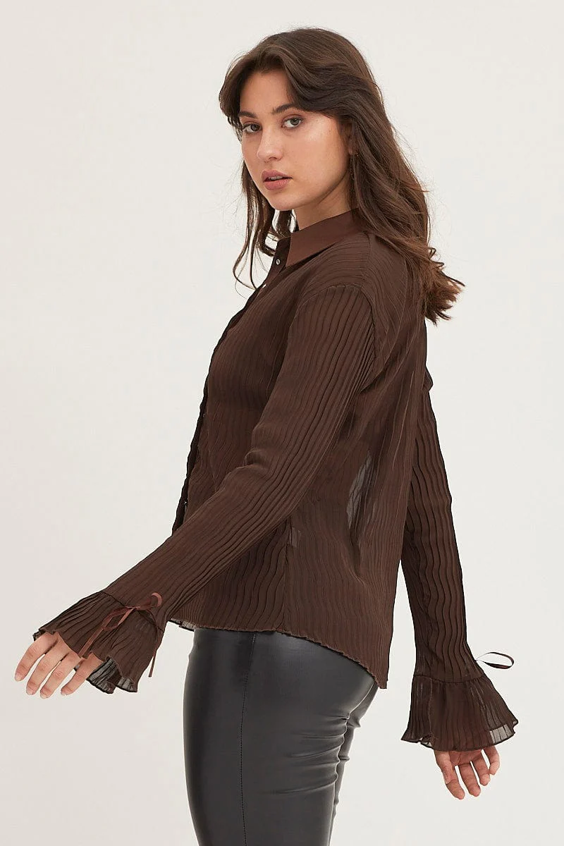 Brown Pleated Shirt Long Flare Sleeve