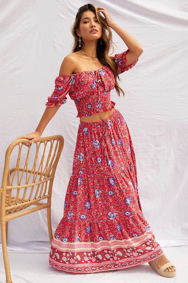 Boho Print Elastic Waist Boho Maxi Skirt
