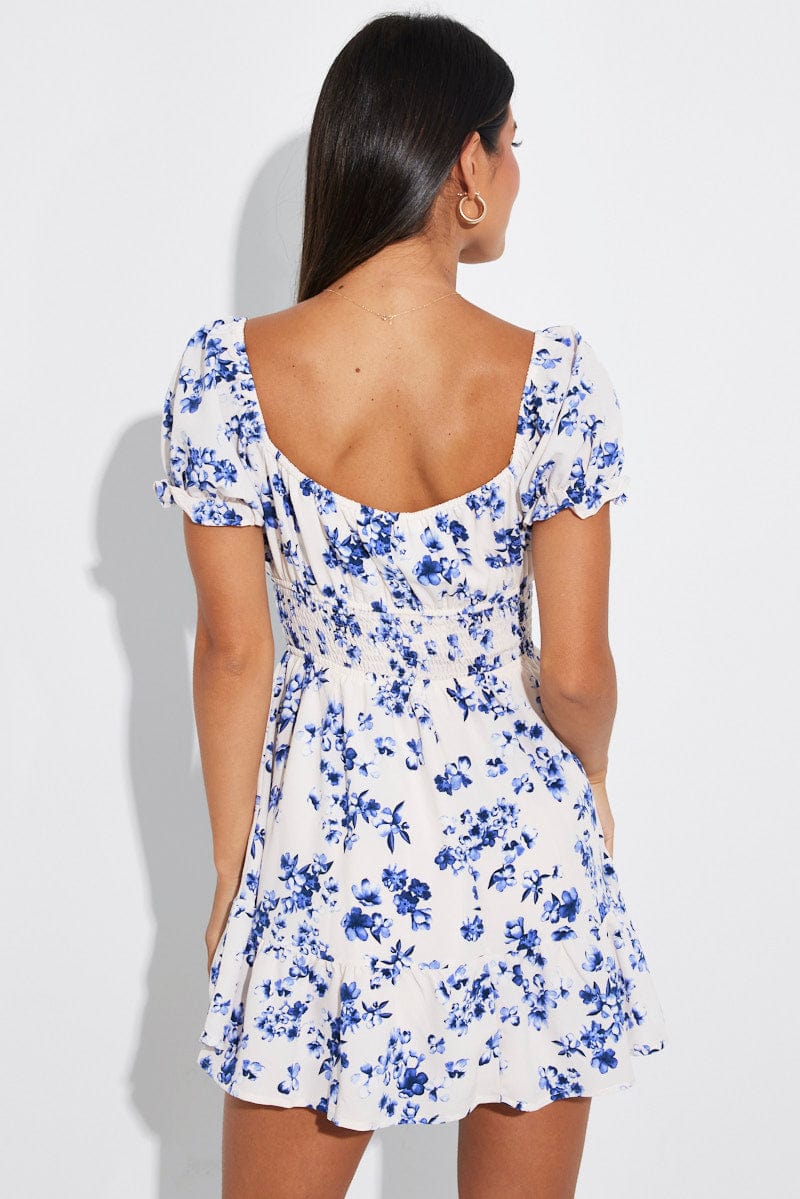 White Floral Fit And Flare Dress Puff Sleeve Mini