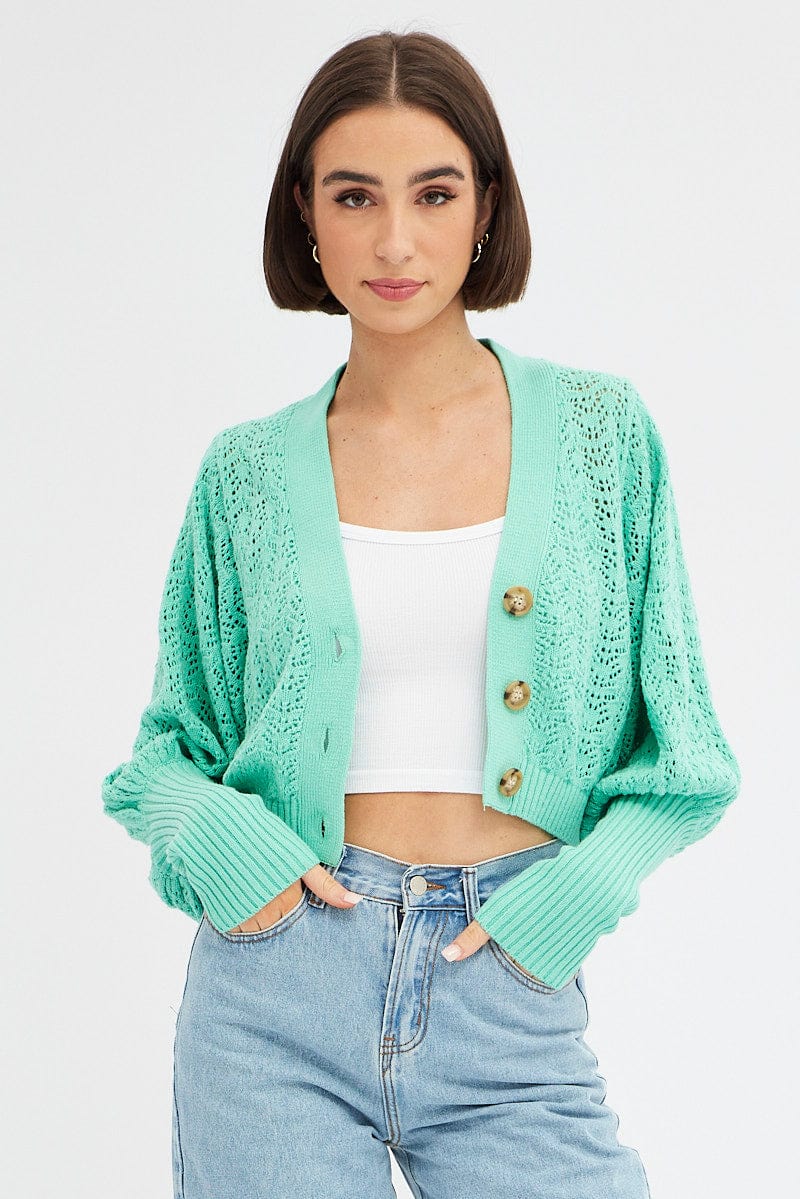 Green Knit Cardigan Long Sleeve Crop