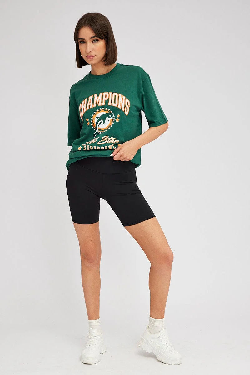 Green Graphic Tee Short Sleeve Oversized Round Neck