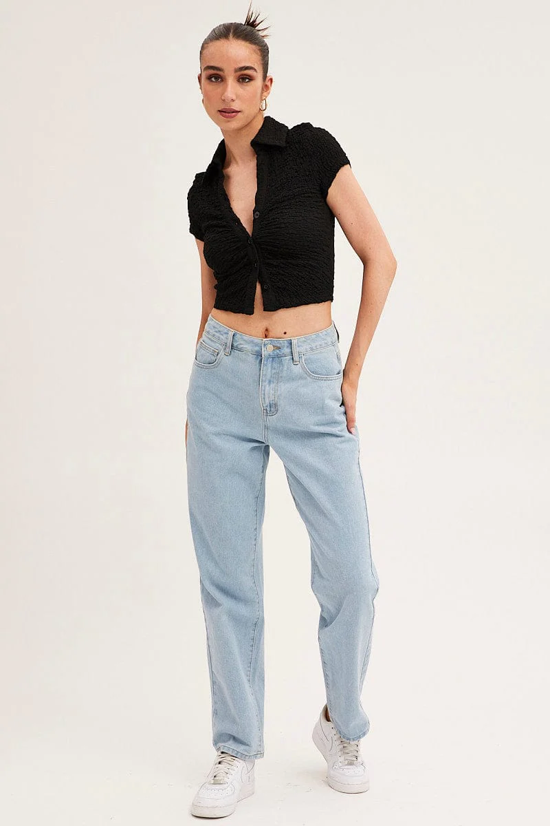 Black Crop Top Short Sleeve Collared Button Up Textured