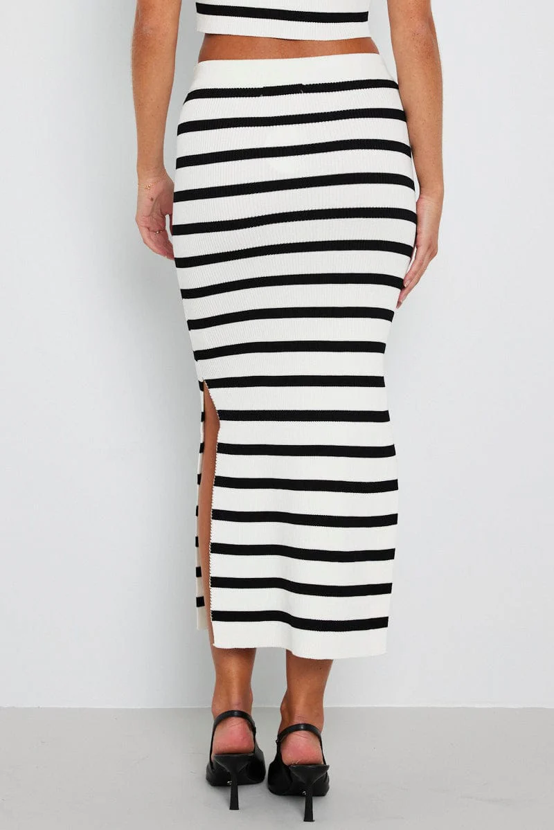 Black Stripe Knit Skirt High Rise Maxi