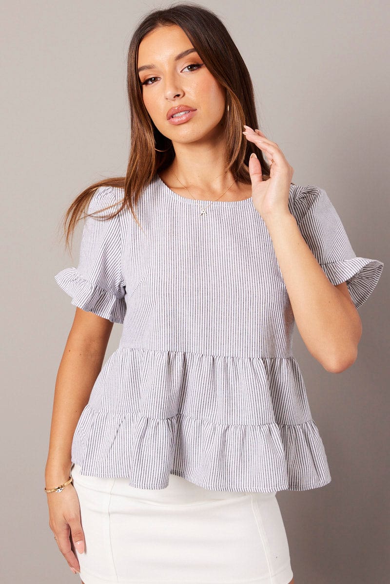 Black Stripe Ruffle Top Short Sleeve
