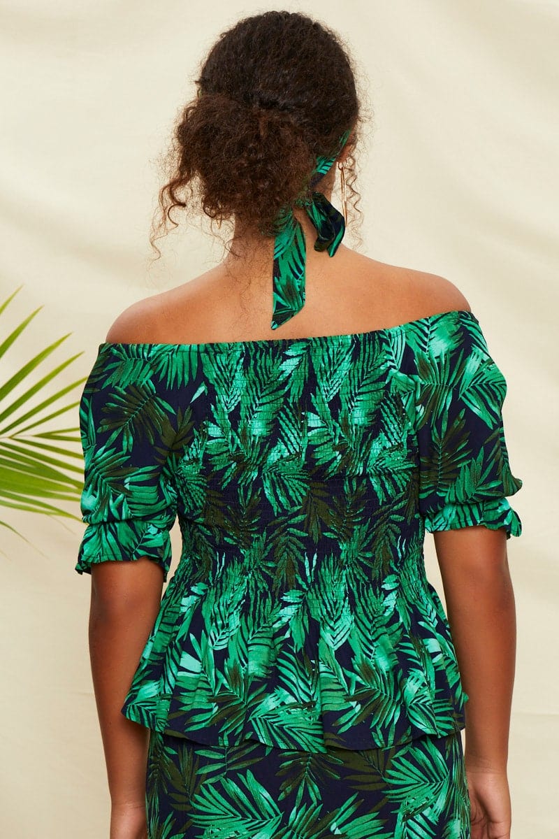 Print Short Sleeve Tropical Print Shirred Top