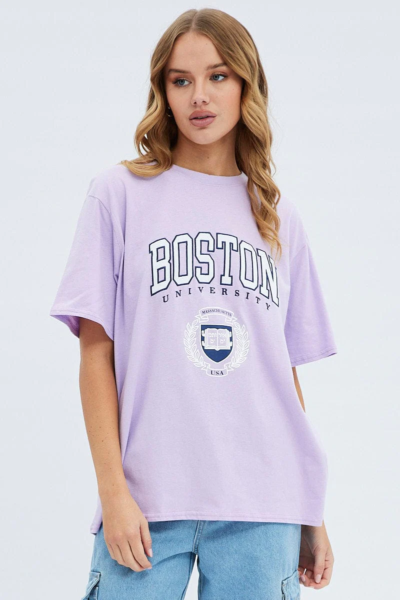 Purple Short Sleeve Boston Embroidered Tee