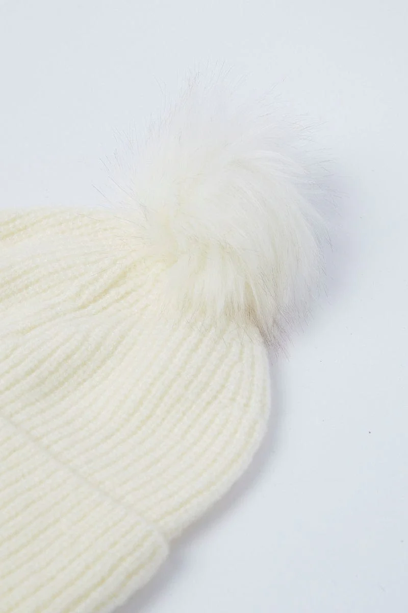 White Faux Fur Pom Pom Beanie