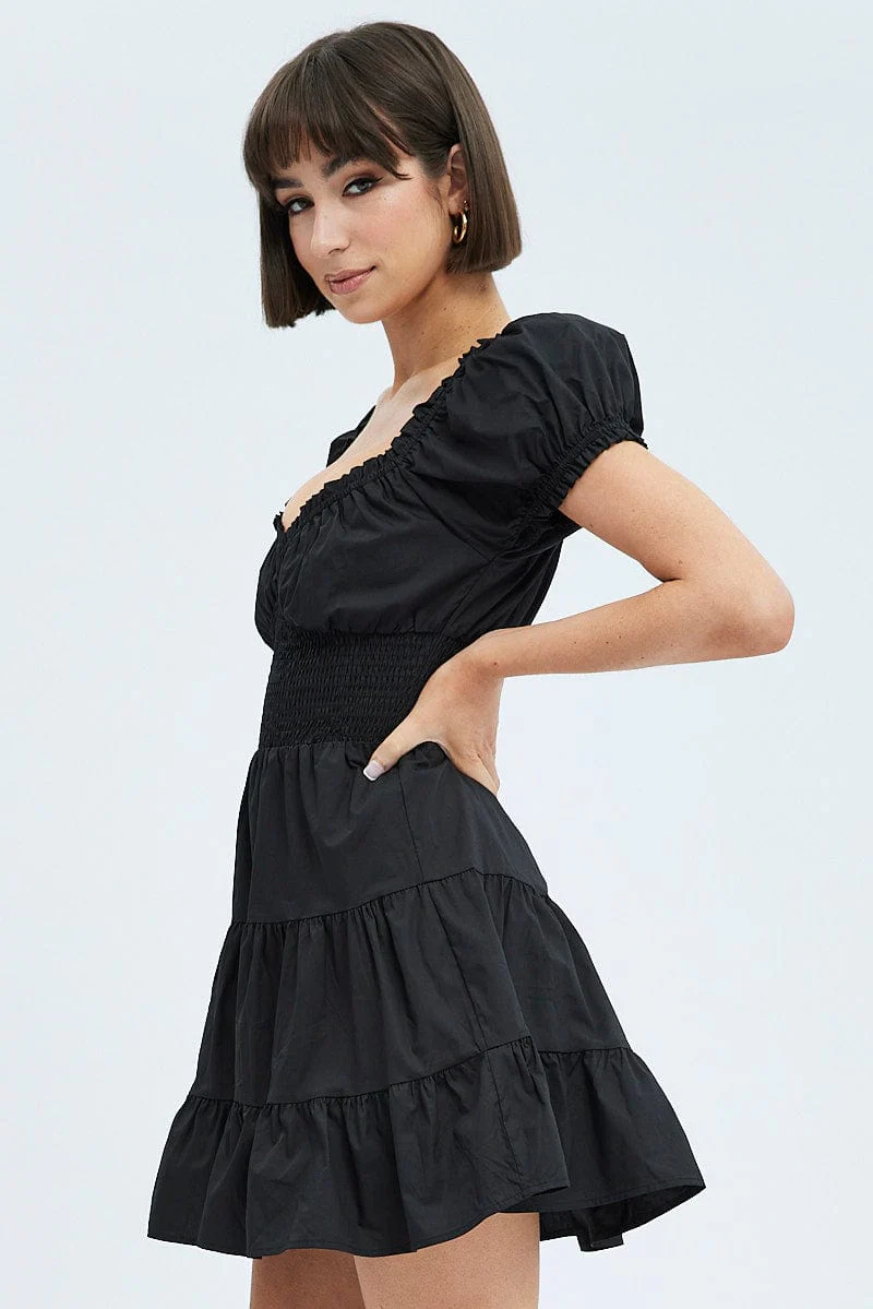 Black Fit and Flare Dress Short Sleeve Shirred