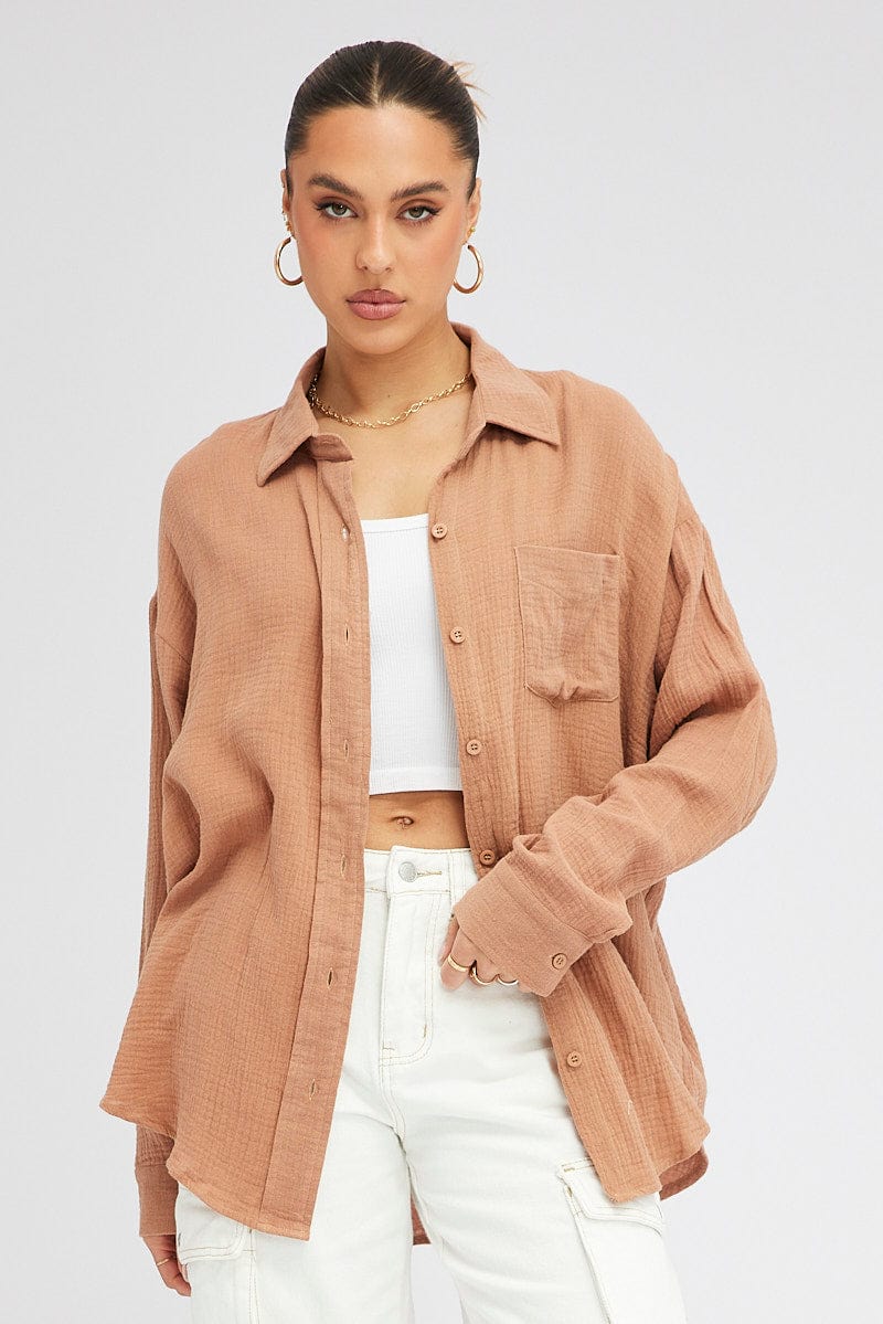 Brown Oversized Shirt Long sleeve Collared Neck