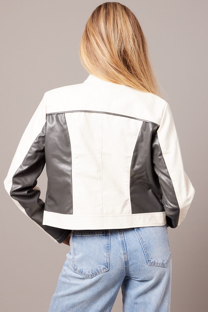 Grey Jacket Colour Block Long Sleeve Zip Faux Leather
