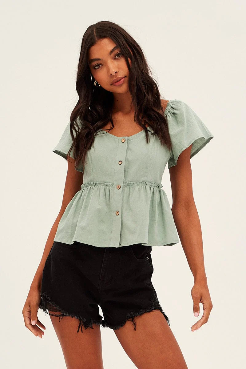 Green Bell Sleeve Peplum Top