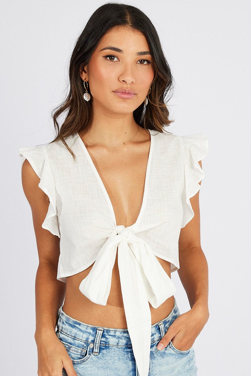 White Ruffle Top Tie Front