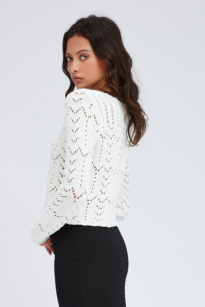 White Crochet Knit Cardigan Long Sleeve Round Neck
