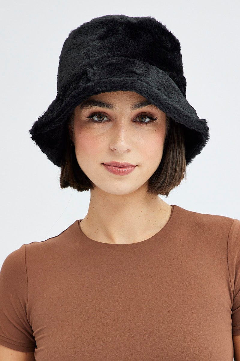 Black Faux Fur Bucket Hat