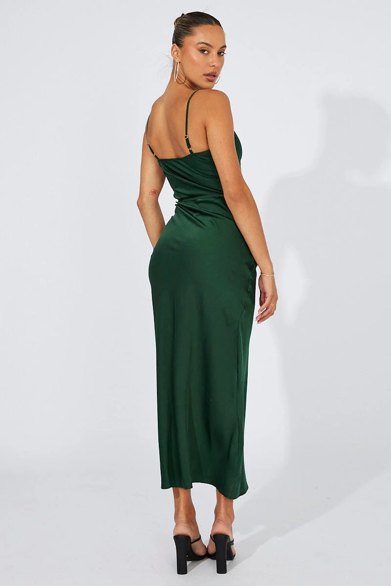 Green Maxi Dress Cowl Neck Satin