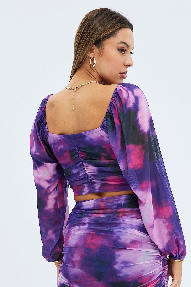 Purple Abstract Top Long Sleeve Abstract Print Mesh