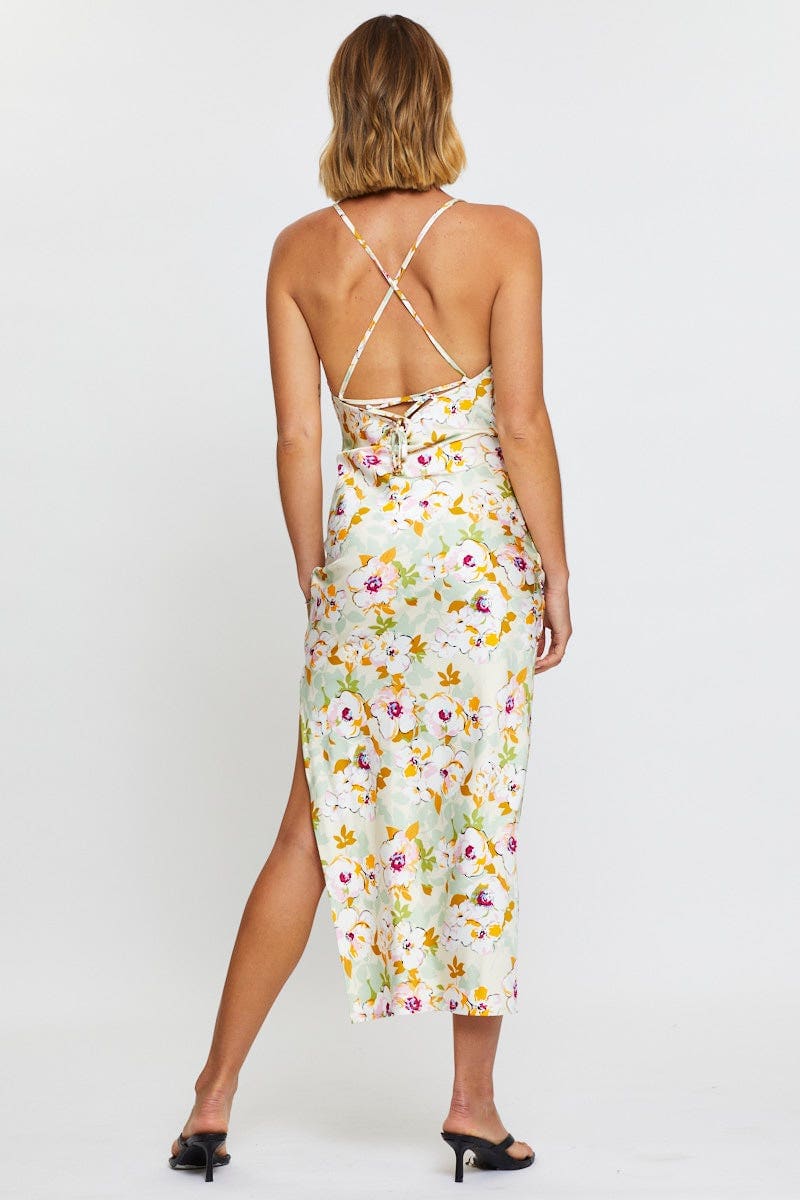 Print Midi Dress Cowl Neck